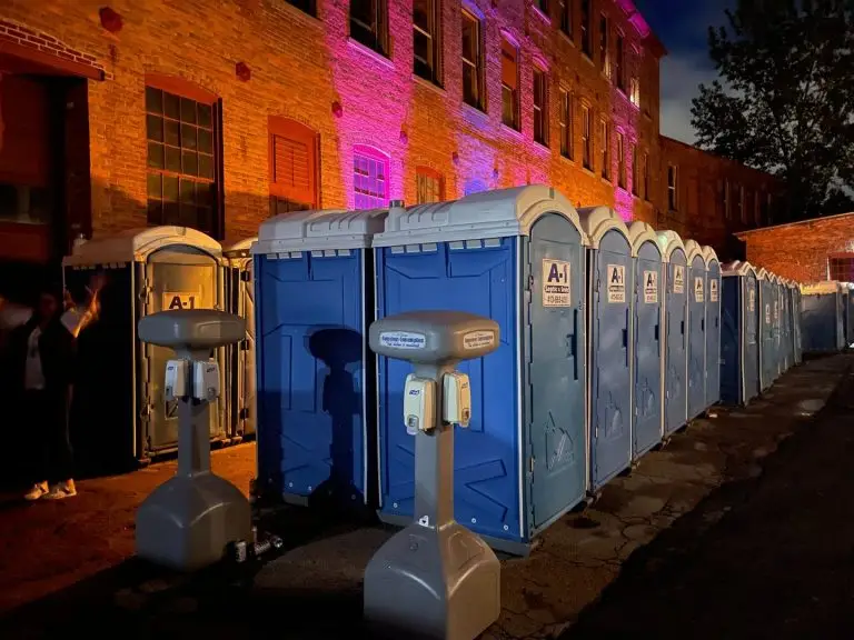 A1 portable toilets and hand-wash stations at an evening event